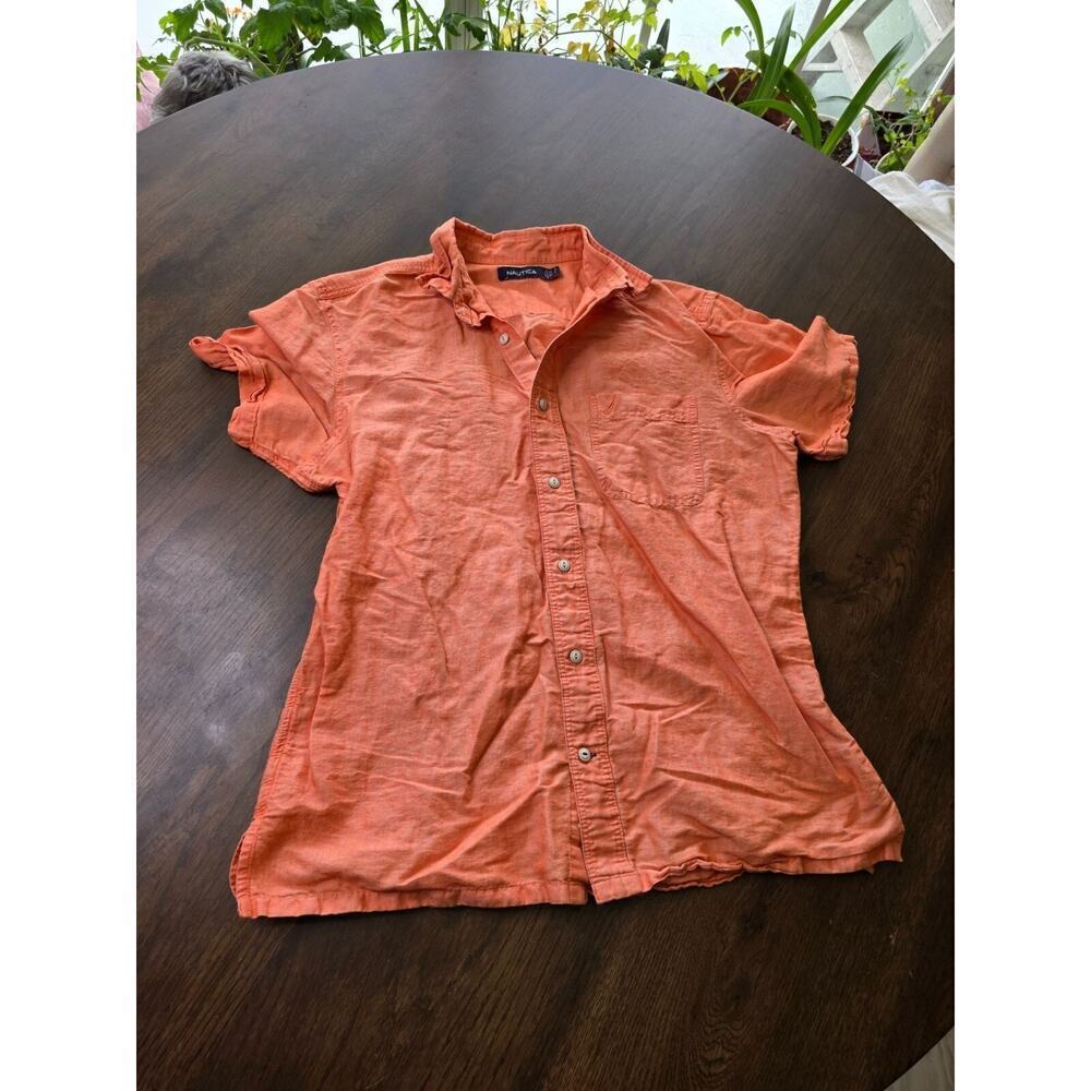 Nautica Mens Orange Short-Sleeve Button-Down Shirt With Pocket Lightweight Cotto